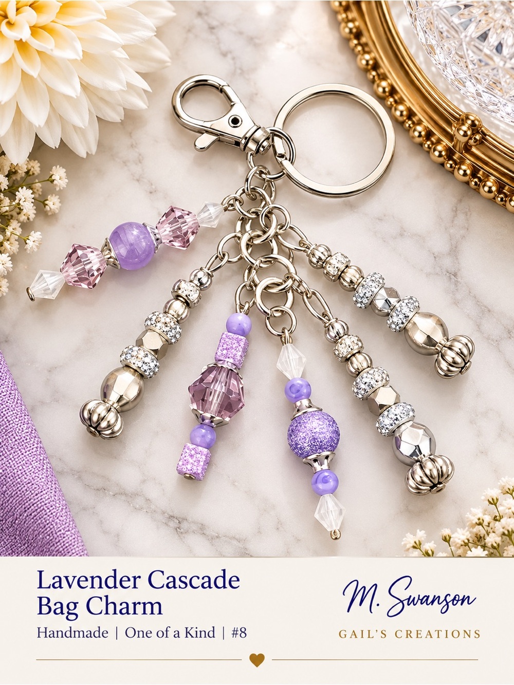 Lavender Cascade Handmade Purple Beaded Bag Charm Silver Keychain (#8)